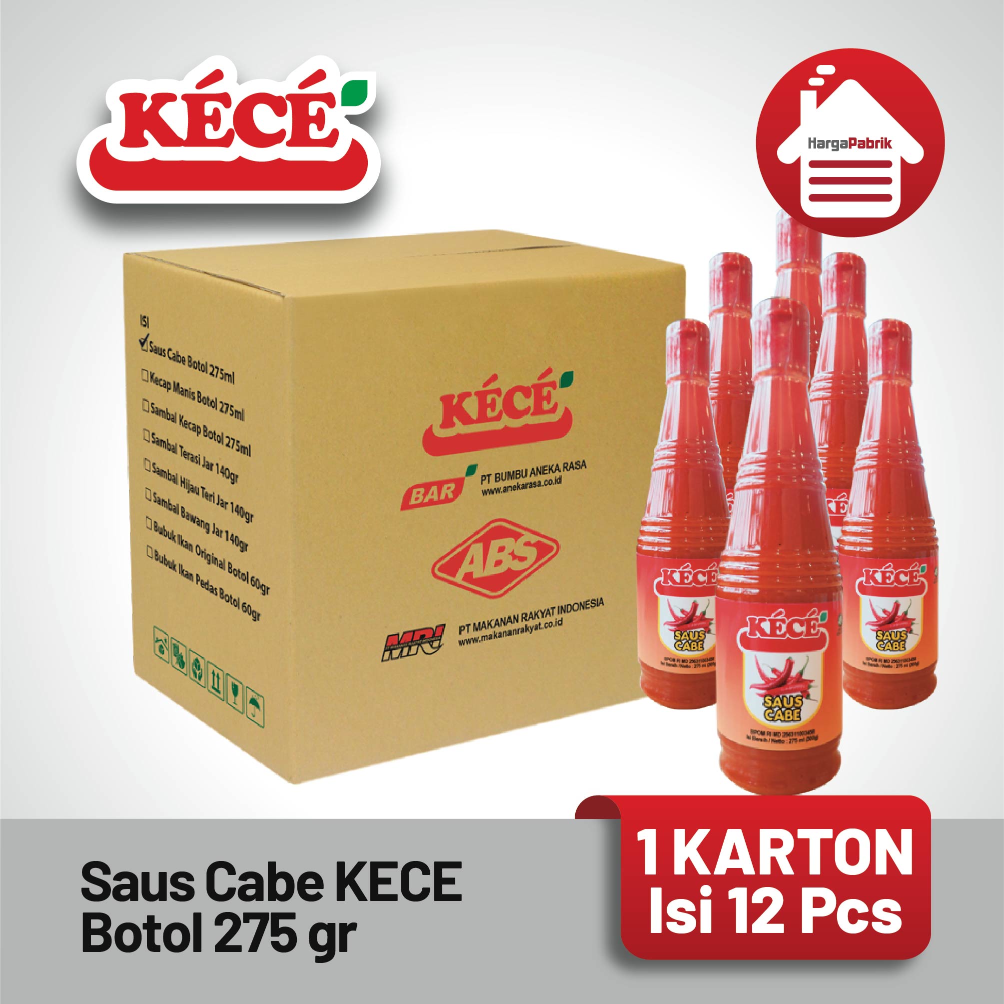 Saus Cabe KECE Botol 275 ml - 1 Karton isi 12 Pcs